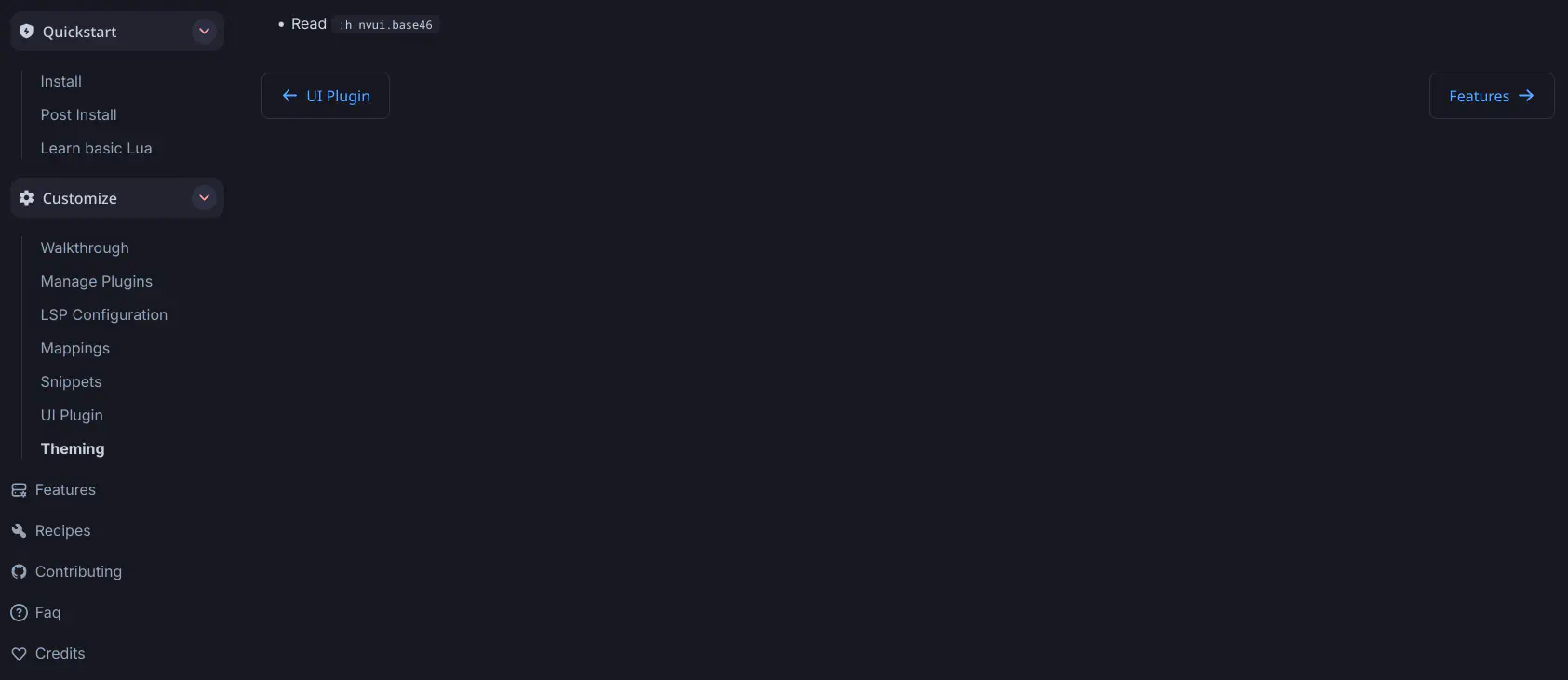 NVChad’s docs page for base46 with a single bullet point reading “Read :h nvui.base46”