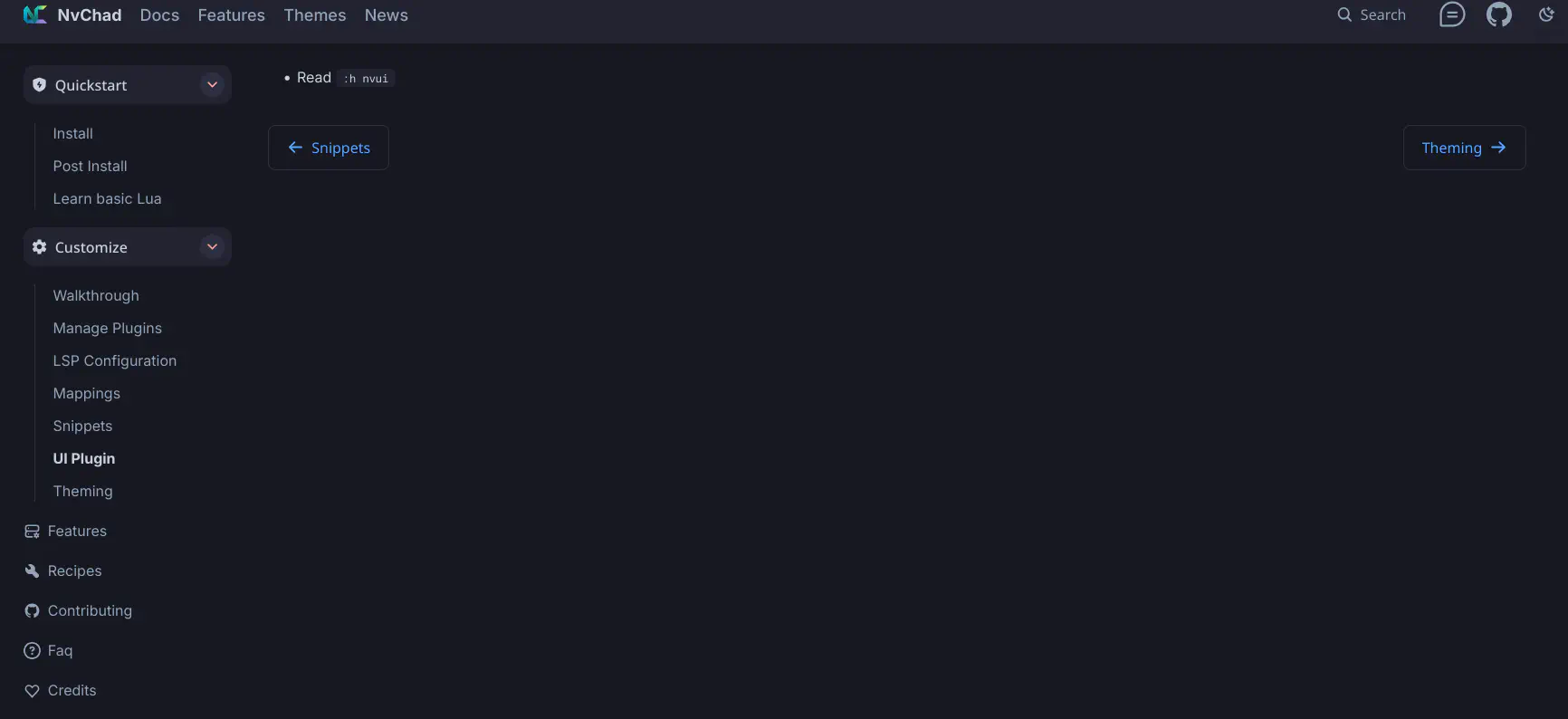 NVChad’s docs page for NVUI with a single bullet point reading “Read :h nvui”